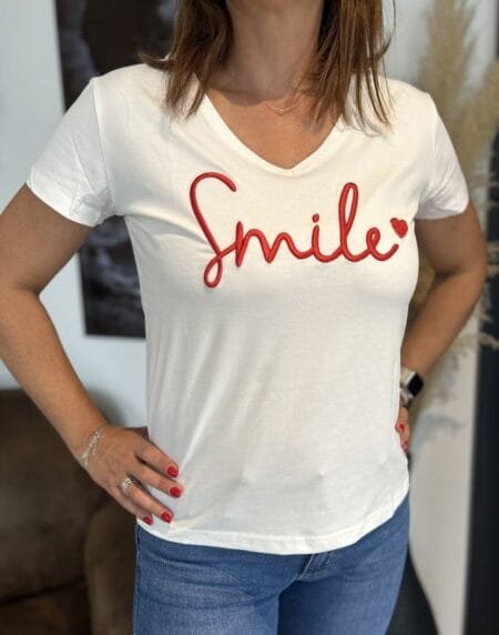 T-shirt blanc Liam avec motif smile rouge, manches courtes